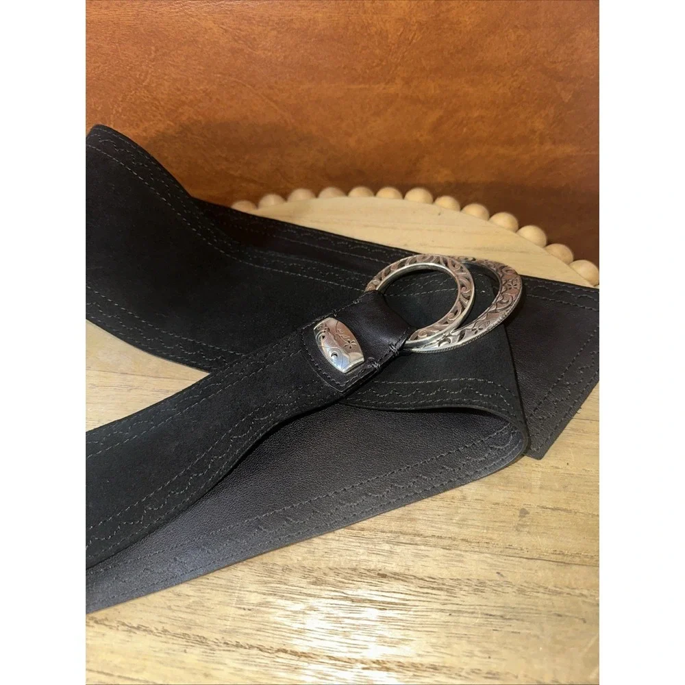 BRIGHTON women's soft black suede leather wide belt Sz L